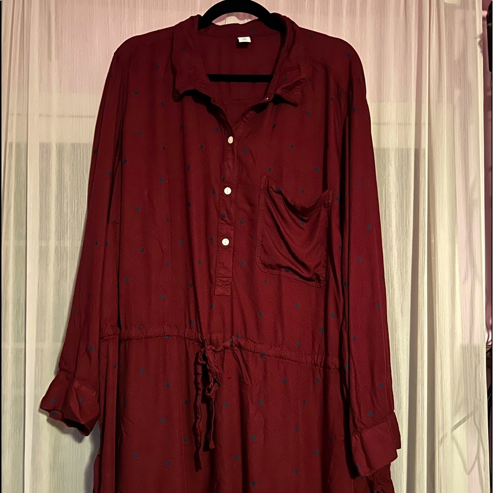 Old Navy Burgundy Polka Dot Button Waist Tie Long Sleeve Semi Fit Top Plus 4X